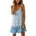 UKAP Women O-Neck Sleeveless Strappy Dress Ladies Summer Boho Floral Printed Ruffle Hem Sundress Blue White S(US 2-4)