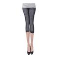 Women Printed Denim Look Jean Style Capri Stretch Jegging Skinny Pants, Black Wrinkle