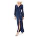 NIGHTWAY Womens Navy Sequined Long Sleeve V Neck Maxi Sheath Evening Dress Size 4