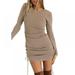 Clearance Ladies Sexy Round Neck Solid Color Ruffled Tie Long Sleeve Women Casual Dress Fashion