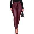 Women High Waist Belted Trousers Casual Jeggings PU Leather Stretch Skinny Pants