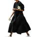 Women's Short Sleeve Mock Neck Ruffle-Trim Plain Color Loose Maxi Dress Elegant Shirt Dresses