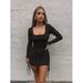 Women's Long Sleeve Ribbed Bodycon Mini Dress Sexy Square Neck Ruched Side Drawstring Solid Color Stretch Party Clubwear