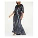 BETSY & ADAM Womens Navy Metallic 3/4 Sleeve Jewel Neck Maxi Mermaid Formal Dress Size 22W