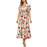 Summer Casual Floral Print Midi Dress for Women Short Sleeve Wrap Dress Bohemian Beach Sundress