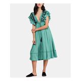 FREE PEOPLE Womens Green Embroidered Cap Sleeve V Neck Midi Shift Dress Size XS