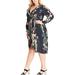 City Chic Womens Plus Floral Print Cuff Sleeves Casual Dress Navy 24