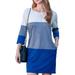 Doublju Women's 3/4 Sleeve Color Block French Terry Mini Dress with Side Hand Pocket