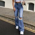 Egmy Women Button High Waist Pocket Elastic Hole Jeans Trousers Loose Denim Pants