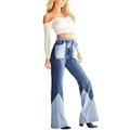 High Waist Flare Jeans for Womens Bootcut Bell Bottom Denim Trousers with Waistband Colorblock Zipper Womens Jeans Long Trousers Capris