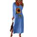 Niuer Casual Split Maxi Dress for Women Holiday Beach Party Crew Neck T Shirt Dress Daisy Print Floral Baggy Crewneck Dresses