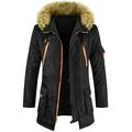 Men Winter Windproof Hooded Faux Fur Collar Pocket Parka Fleece Coat Button Outerwear