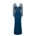 Adrianna Papell V-Neck Long Sleeve Illusion Zipper Back Embellished Bodice Mesh Dress-DEEP BLUE