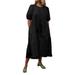 VONDA Women Round Neck Puff Sleeve Loose Casual Solid Cotton Dress