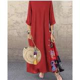 Women's Retro Floral Round Neck Contrast Stitching Three-quarter Sleeves Long Loose Dress