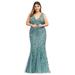 Ever-Pretty Women's V-Neck Embroidered Lace Floor Length Plus Size Mermaid Dress 78862 Blue US18