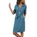 Womenâ€™s Midi Solid Color Shirt Dress Stylish Long Sleeve Waistband Dress Button Front Lace Up Waist Belt A-Lined Dress