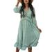 UKAP Women's Party Dress Boho Printed Sundress Ladies Summer Long Sleeve Deep V-Neck Hem Tunic Dresses Beach Party A line Dress for Lady Light Green M