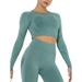 QRIC Women Seamless Long Sleeve Crop Top Yoga Shirts with Thumb Hole Running Fitness Workout Seamless Top Shirts