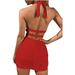 Women Sexy V Neck Keyhole Cutout Backless Slim Sling Mini Bodycon Dresses