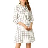 Allegra K Women's Plaids Print Tie-bow Neck Dress 3/4 Sleeves Above Knee Tie Waist Belted Work Office Dresses