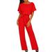 Womens Casual Short Sleeve Belted Jumpsuit Long Pants Back Keyhole Overall Romper Playsuit Plus Size S-3XL