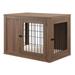 Unipaws Dog Crate End Table with Cushion Wooden Wire Pet Kennels with Double Doors Modern Design Dog House Chew-Proof Walnut