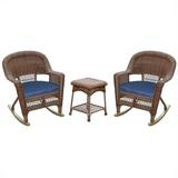 Jeco 3pc Wicker Rocker Chair Set in Honey with Blue Cushion