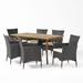 GDF Studio Carlos Outdoor Acacia Wood and Wicker 7 Piece Dining Set with Cushion Teak Multibrown and Beige