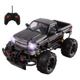 RC Big Wheel Beast 14 inch Monster Truck Remote Control Pickup With Opening Doors Light Up LED Headlights Ready To Run Car Includes Rechargeable Battery 1:14 Scale Off-Road Toy Gift For Boys (Black)