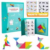 LNKOO Wooden Tangram Magnetic Puzzle for Kids - Shape Pattern Blocks Activity Cards Jigsaw Travel Game - Montessori Educational Toys Brain Teaser Gift for Toddlers Preschool