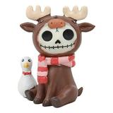 Ebros Furry Bones Pink Scarfed Spruce The Moose With White Duck Skeleton Figurine 3 H