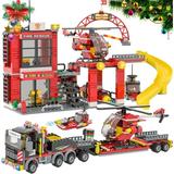 City Fire Station Building Kit Fun Firefighter Toy Building Set for Kids W/ Toy Fire Truck Rescue Helicopter Boat Best Learning Roleplay Construction STEM Toy for Boys Girls 6-12