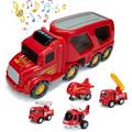 Fire Truck Vehicle Toys Set-Big Carrier Trucks with Pull Back Cars Vehicles Playset Friction Power Car/Transport Cargo Truck Small Helicopter Airplane Toy Sound and Light Fire Trucks For Boys