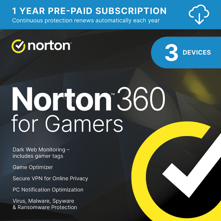 Norton 360 for Gamers Antivirus Software for 3 Devices + Game Optimizer Gamer tag monitoring 1 Year Subscription PC/Mac/iOS/Android [Digital Download]