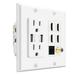 Media Wall Plug Outlet Plate 2 Gang White w/ 2 USB Outlet 15A Dual Power Outlet 4x HDMI Port Cat6 Rj45 Ethernet Port Coaxial Cable Outlet Audio Panel Coupler Panel Mount Keystone Jack