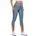 Women High Waist Butt Lift Capri Outdoor Fitness Leggings with Pockets Slimming Workout Compression 4 Way Stretch Pants