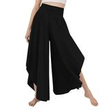 Wide Leg Pleated Pants Plain Color Casual Fitted Asymmetrical Hem Long Pleated Pants for Women Lady Black M