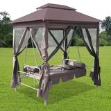 Anself Gazebo Convertible Swing Bench with Curtains and Cushion Steel Frame for Garden Balcony Backyard Patio Outdoor Furniture 86.6 x 63 x 94.5 Inches (L x W x H)