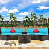 Outdoor Patio Sectional Furniture Wicker Sofa Set 4-Piece Wicker Patio Conversation Furniture Set with 2 Double Half-Moon Sofa 1 Coffee Table 1 Side Table 2 Pillow Blue Padded Cushions S1605