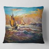 Designart 'Boats On The Ocean During Evening Sunset II' Nautical & Coastal Printed Throw Pillow