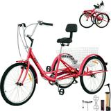 VEVOR Foldable Adult Tricycle 26 7-Speed 3 Wheels Trike with Basket Portable and Foldable Bicycle for Adults Exercise Shopping Picnic Outdoor Activities Red