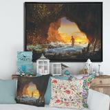 East Urban Home The Man Walking in the Sea Cave at Sunset - Painting on Canvas Metal in Yellow | 30 H x 40 W x 1.5 D in | Wayfair