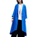 LZJN Women's Lightweight Windbreaker Irregular Cardigan Jacket Loose Retro Cotton Linen Trench Coat (Royal Blue, One Size)