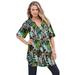 Plus Size Women's Short-Sleeve Angelina Tunic by Roaman's in Chocolate Painted Flowers (Size 30 W) Long Button Front Shirt