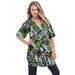 Plus Size Women's Short-Sleeve Angelina Tunic by Roaman's in Chocolate Painted Flowers (Size 34 W) Long Button Front Shirt