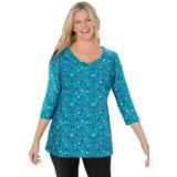 Plus Size Women's Perfect Printed Three-Quarter Sleeve V-Neck Tee by Woman Within in Waterfall Lovely Ditsy (Size 14/16) Shirt