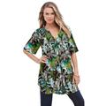 Plus Size Women's Short-Sleeve Angelina Tunic by Roaman's in Chocolate Painted Flowers (Size 44 W) Long Button Front Shirt