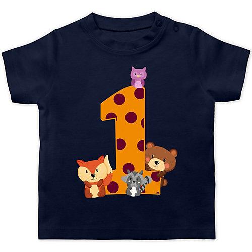 Baby Geburtstag Geburtstagsgeschenk - Baby T-Shirt kurzarm - 1. Geburtstag Waldtiere - T-Shirts Kinder dunkelblau Baby