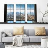 Latitude Run® New York City Window - 3 Piece Wrapped Canvas Photograph Print Metal in Blue | 32 H x 48 W x 0.75 D in | Wayfair
